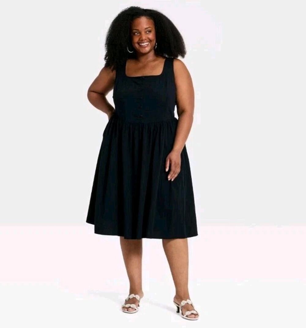 Women's Button-Front Midi A-Line Dress - Ava & Viv Black 1X